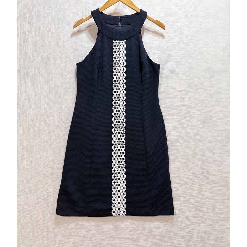 Eliza J Shift Dress‎ Womens 10 Navy Blue Halter Neck White Lace Trim Elegant